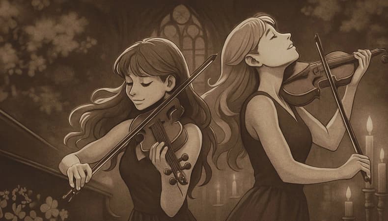 Konzertbühne mit Anime-Figuren und Streichquartett