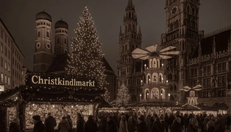 Christkindlmarkt auf dem Münchner Marienplatz am Abend: festlich geschmückte Buden, leuchtender Weihnachtsbaum, große Weihnachtspyramide, Menschenmengen beim Bummeln und Einkaufen, im Hintergrund die Türme der Frauenkirche und das Rathaus.