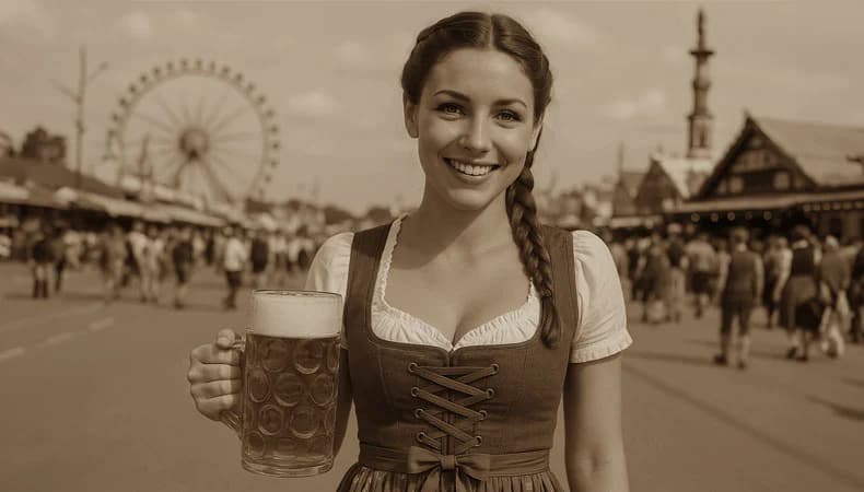 Mädchen im Dirndl mit Bierkrug vor dem Oktoberfest