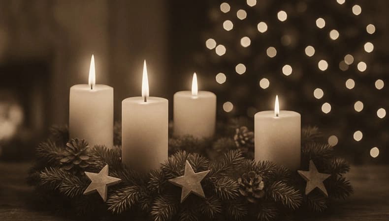 Adventskranz mit Kerzen vor einem festlich geschmückten Weihnachtsbaum.