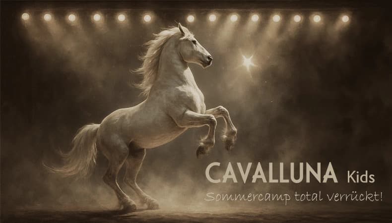 Szene aus der Show mit Ponys und Kindern im Sommercamp-Kostüm