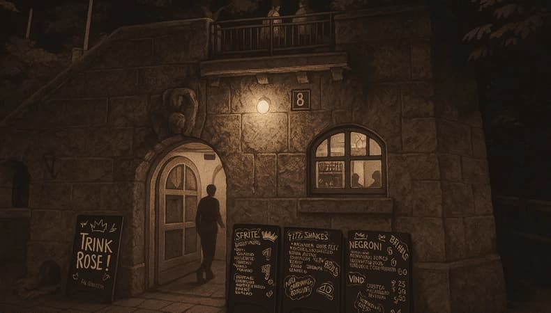 Gemütlicher Innenhof der Bar Crönlein, umgeben von viel Grün