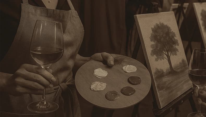 Teilnehmende bei einem Drink & Paint Abend in einem gemütlichen Studio in München