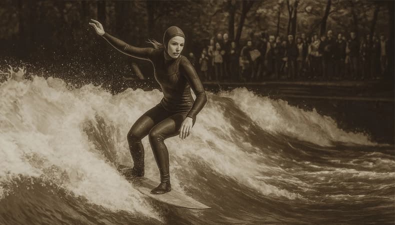 Surfer auf der Eisbachwelle im Englischen Garten