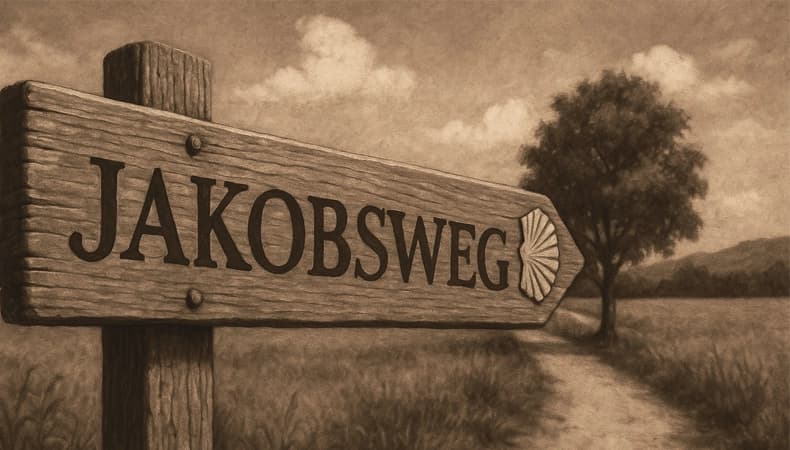 Jakobsweg-Wegweiser mit Muschel vor bayerischer Landschaft