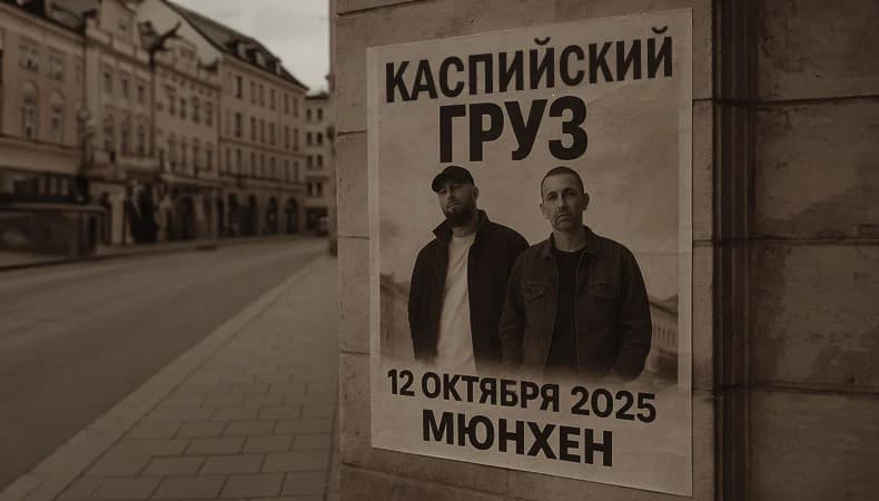 Plakat mit der Aufschrift „Kaspijskij Gruz, 12. Oktober 2025, München“ an einer Stadtmauer