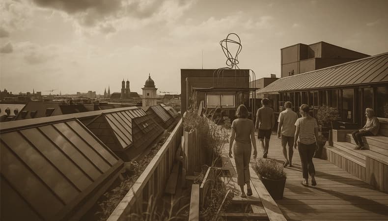 Кафе на крыше в районе Werksviertel с зеленью и видом на Мюнхен