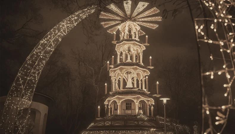 Mittelalterlicher Weihnachtsmarkt am Wittelsbacherplatz mit Holzhütten und Lichtern