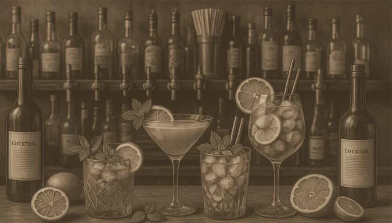 Illustration einer Bar mit verschiedenen Cocktailgläsern, Zitrusfrüchten und Flaschen – stilisierte Szene zur Munich Cocktail Week