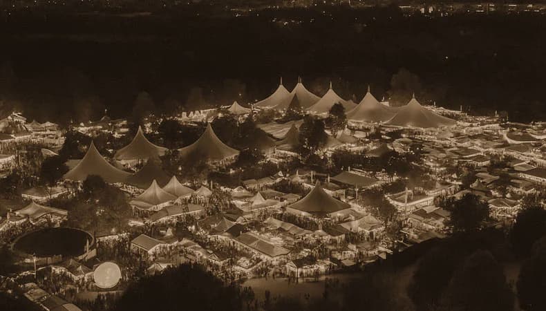 Ярмарочные шатры и огни Tollwood на Theresienwiese зимой