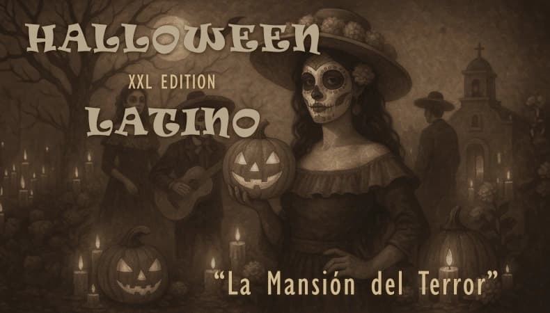 Halloween Latino XXL Party auf der Praterinsel mit gotischem Licht und tanzenden Gästen in Kostümen